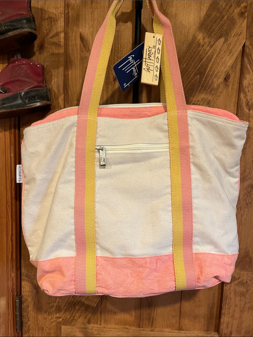 Guy Harvey Canvas Tote Bag with Pink Accents and Tropical Turtle Graphic - Picture 4 of 5